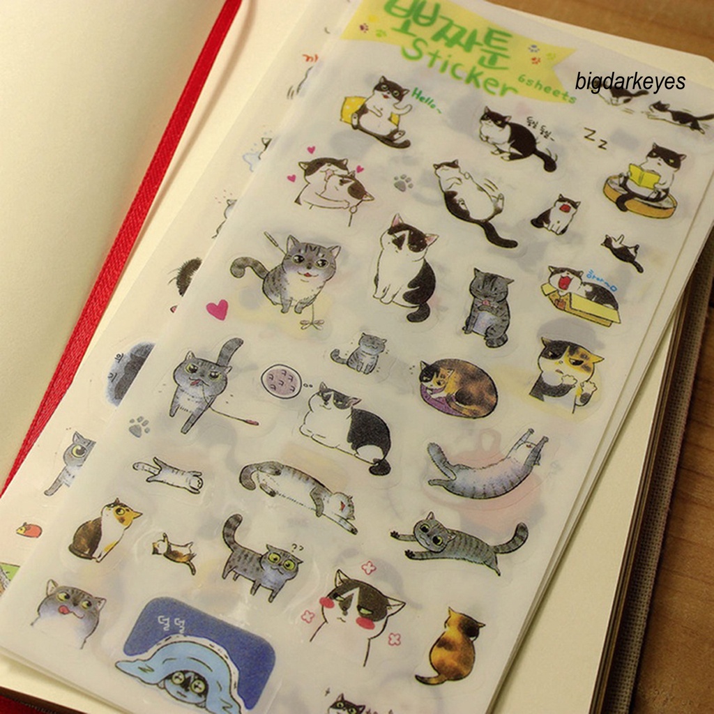 Set 6 Tấm Hình Dán Trong Suốt Họa Tiết Mèo Hoạt Hình Dễ Thương Dùng Để Trang Trí Nhật Ký / Sổ Tay
