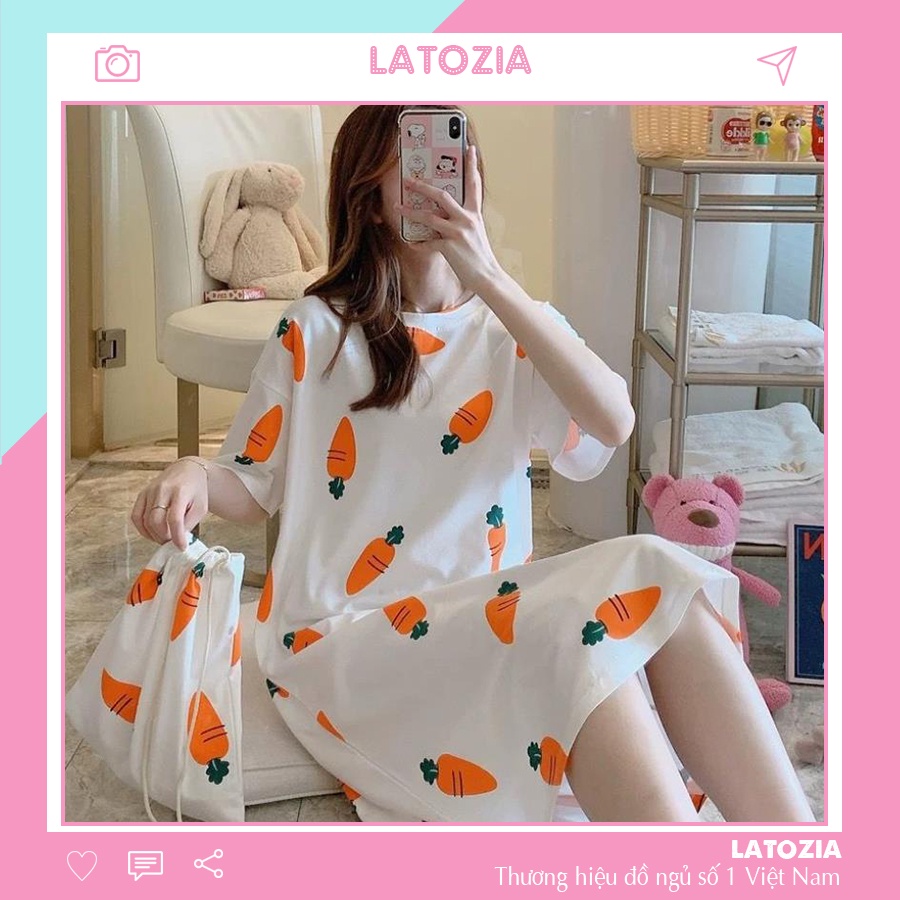 Váy ngủ cộc tay mặc nhà đầm ngủ dáng suông chất cotton mềm mát Latozia BĐN11