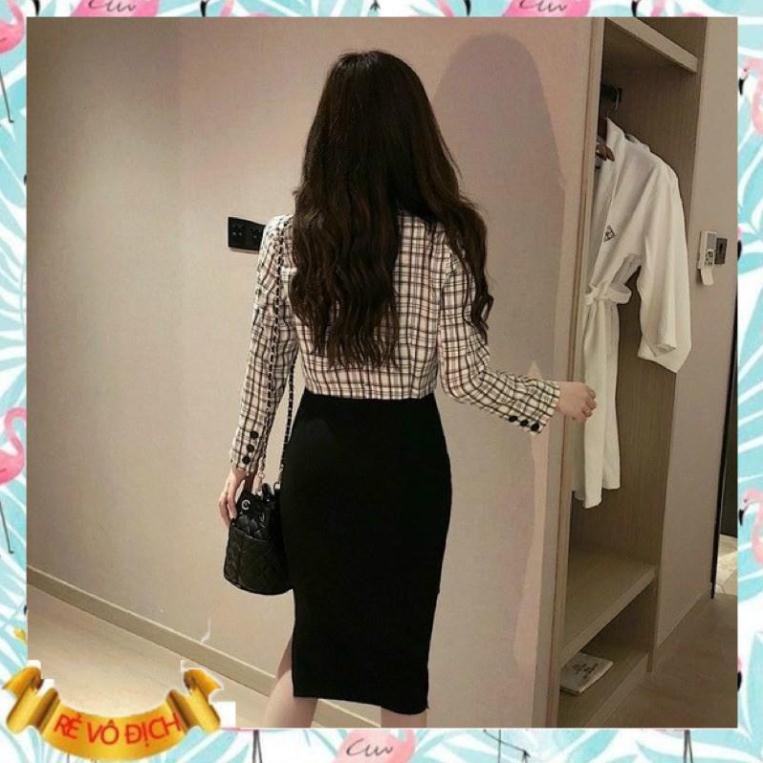 Set đầm ôm body kèm áo croptop vest caro tay dài
