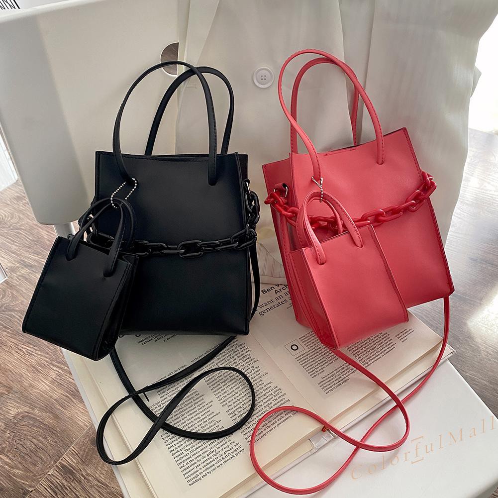 Women 2 in 1 Solid Color Messenger Handbag Tote Thick Chain Leather Shoulder Bag Ladies Clutch Purse