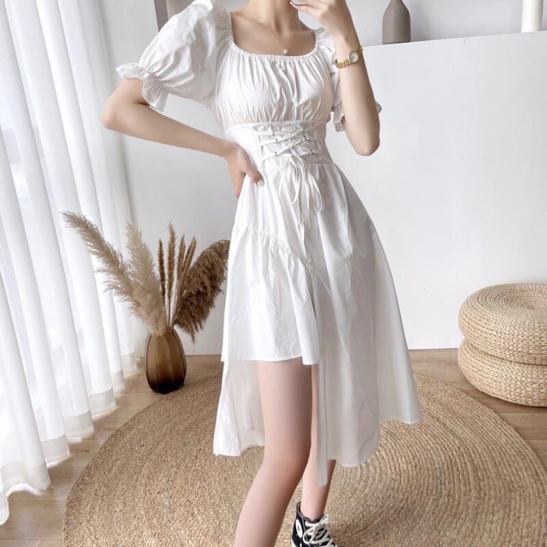 [NEW] Váy Suông Cổ Vuông Lệch Tầng Dáng Dài Ulzzang Váy Nữ Ngắn Tay Đan Dây Eo Mầu Trắng Tinh Khôi ( Hàng Sẵn)