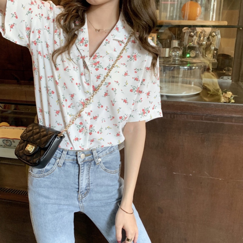 Áo sơ mi chiffon IELGY tay ngắn dáng ôm in họa tiết phong cách mùa hè thời trang cho nữ