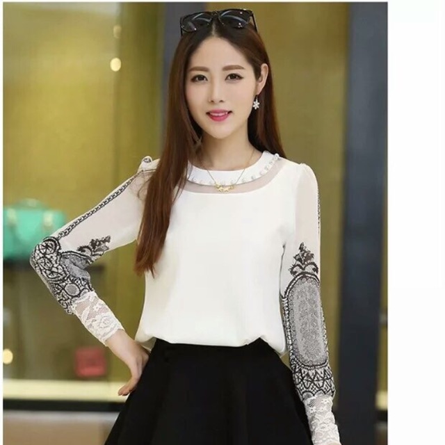 HÀNG NHẬP -Áo kiểu cổ lưới đính hạt QC