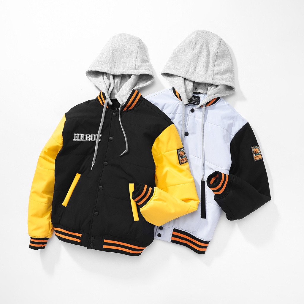 Áo khoác bóng chày unisex nam HEBOZ Bomber Varsity Jacket 2M chất dù trần bông dày dặn có nón tháo rời  - 00000843