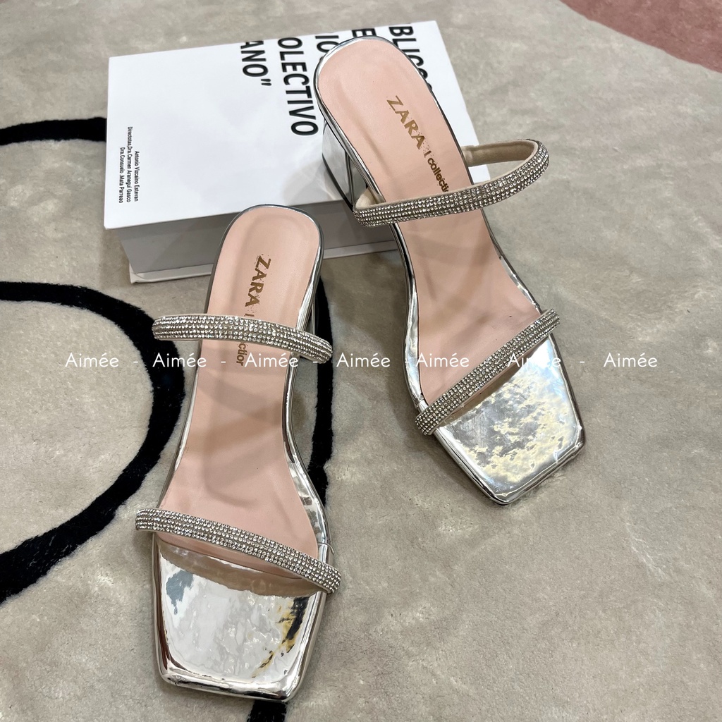 Dép Cao Gót 2 Dây Đính Đá Đế Vuông 7 Phân Siêu Xinh