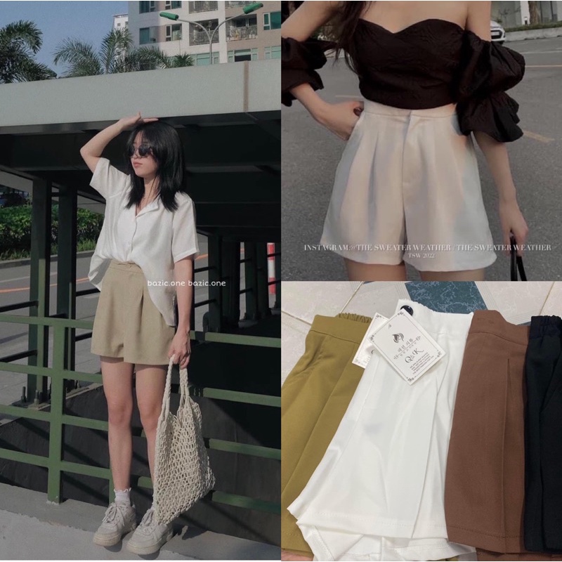 Quần short nữ cạp cao xếp ly có chun sau hack dáng