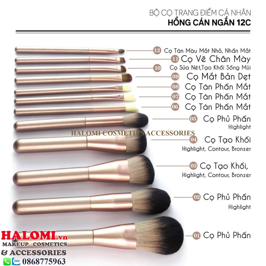 Bộ cọ trang điểm 12 cây thân bạc tím lông thú siêu mềm có bao da đựng chính hãng HALOMI