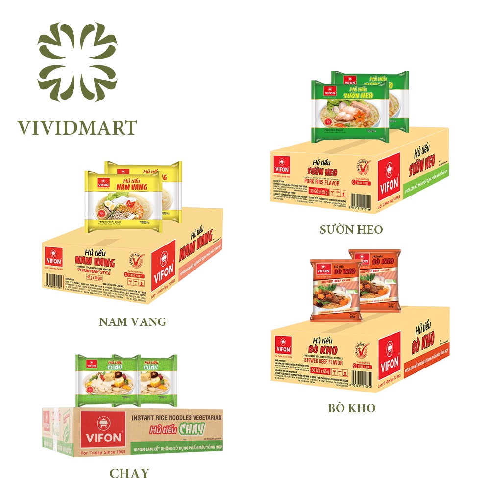HỦ TIẾU ĂN LIỀN VIFON 04 VỊ: HỦ TÍU NAM VANG, BÒ KHO, SƯỜN HEO, CHAY - GÓI 65g – VIFON