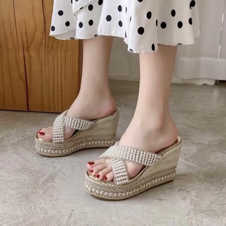 (ORDER) Dép và sandals đế xuồng quai cói viền đá 11 cm, hàng cao cấp
