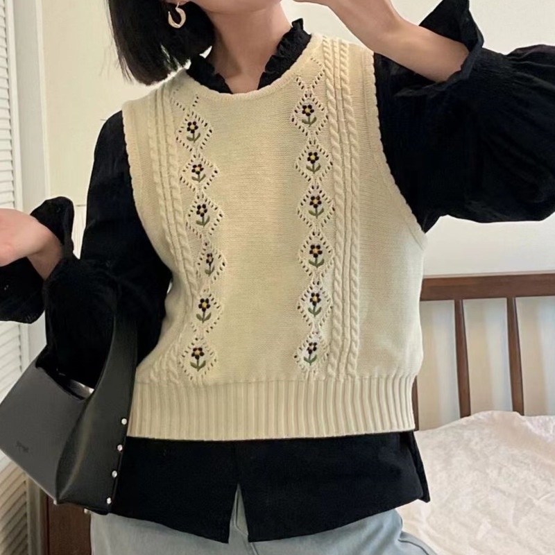 Áo Dệt Kim Sát Nách Thêu Hoa 208536 Áo Sweater Không Tay Dáng Ngắn Phong Cách Vintage Hàn Quốc