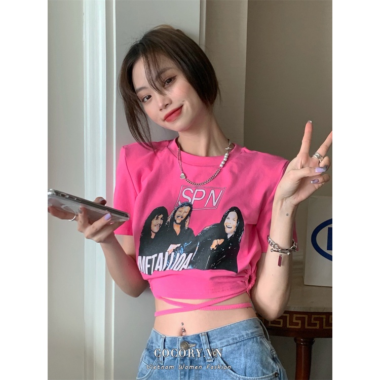 Cocory vn Áo Thun Crop Top Tay Ngắn Cột Dây Thời Trang Mùa Hè Phong Cách Hàn Quốc Cho Nữ