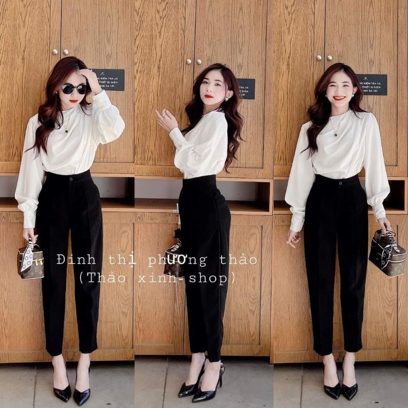 Quần baggy nữ công sở gấu bằng vải tuyết mưa màu đen | BigBuy360 - bigbuy360.vn