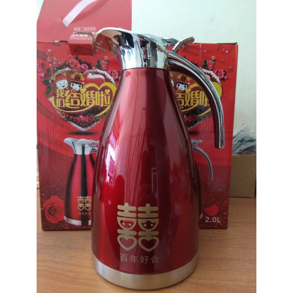 Bình Thủy Giữ Nhiệt Inox Cao Cấp 2L Màu Đỏ