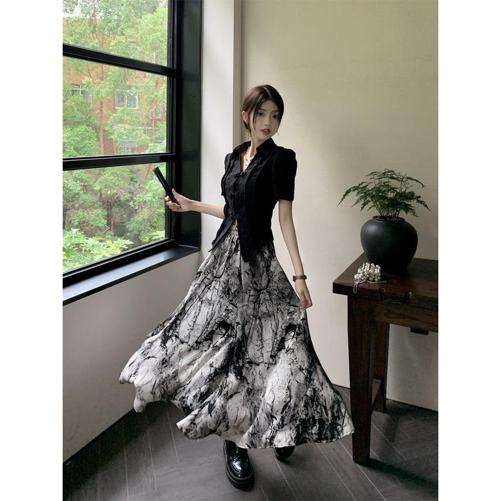 Đầm Sơ Mi Cổ Mép Lật Eo Cao Ngắn Tay Phong Cách Retro 63360