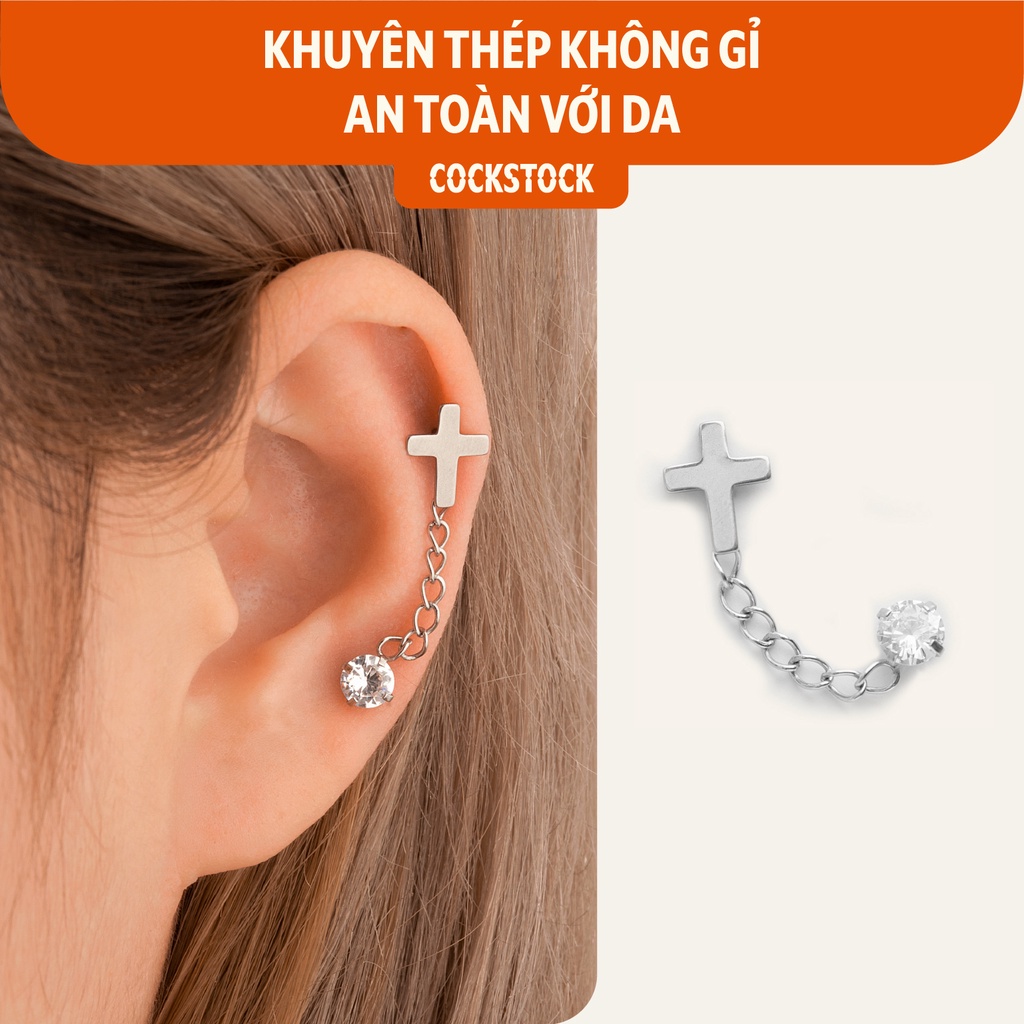Khuyên tai xích Round Cross Chain Stud CockStock
