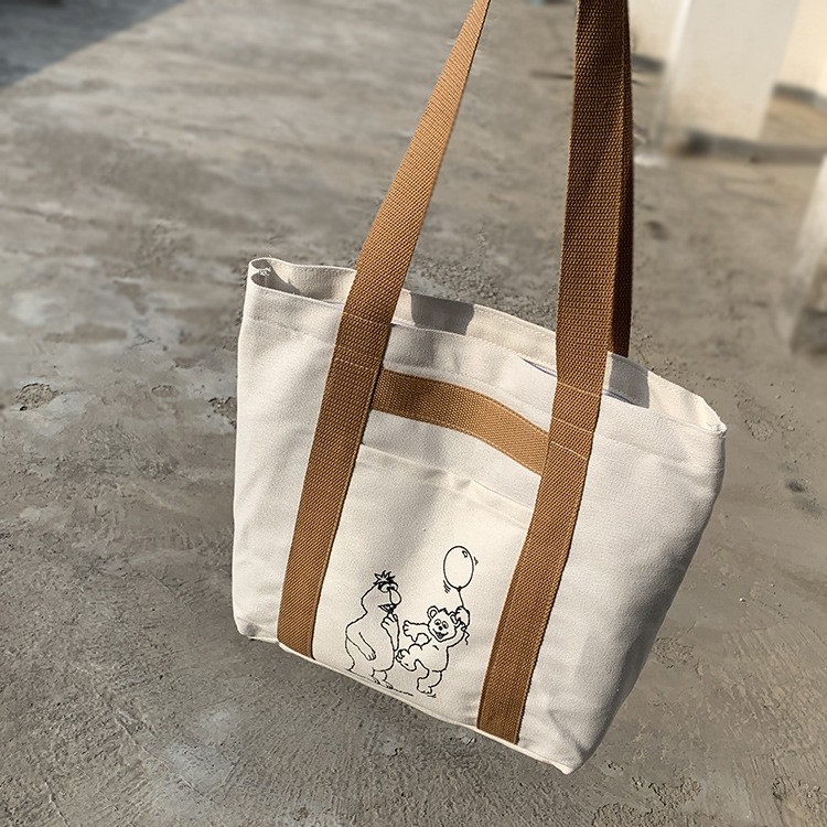 Túi tote vải canvas siêu dày quai nâu liền dài chắc chắn