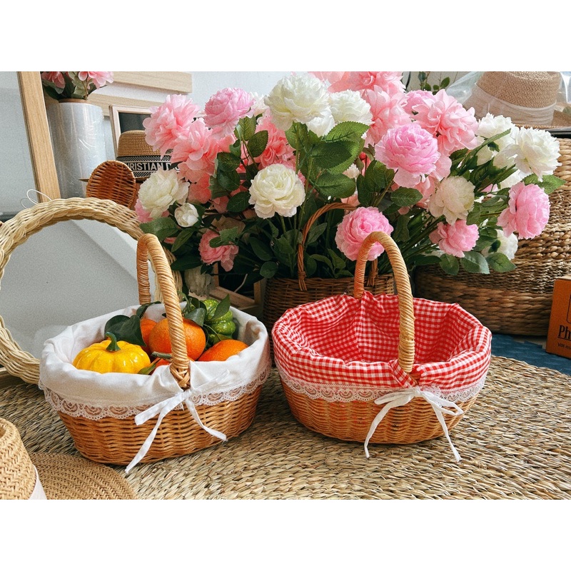 Bán sỉ giỏ mây làn mây picnic có lót vải dùng để decor chụp ảnh đi biển dã ngoại rất đẹp