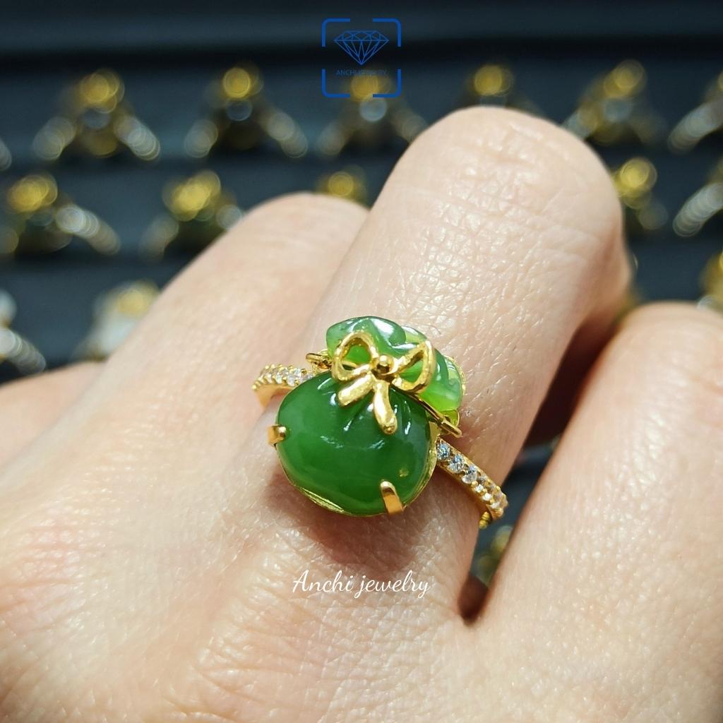 Nhẫn túi tiền vàng chất liệu 10k đính ngọc xanh bích, Anchi jewelry