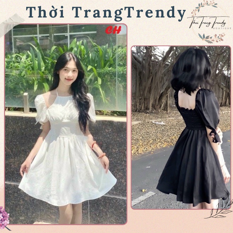 Váy Cổ Yếm Tay Phồng Buộc Dây Ulzzang , Váy Trắng/ Đen Dự Tiệc Dáng Xòe DC-0053-babytee