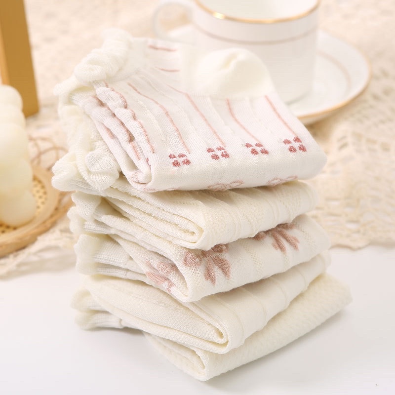 Set 5 Đôi Tất Nữ Tone Trắng Hoạ Tiết Hình Nơ Hồng Vintage Dễ Thương