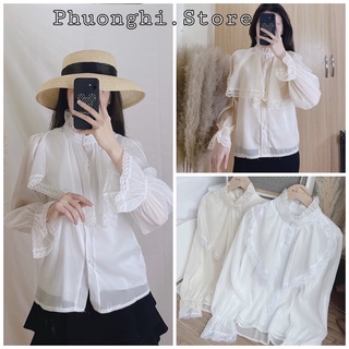 (Ảnh Thật) Áo Sơ Mi Nữ Tay Bồng Cổ Bèo Khuy Ngọc Tiểu Thư Áo Trắng Công Sở Nhẹ Nhàng Công Chúa