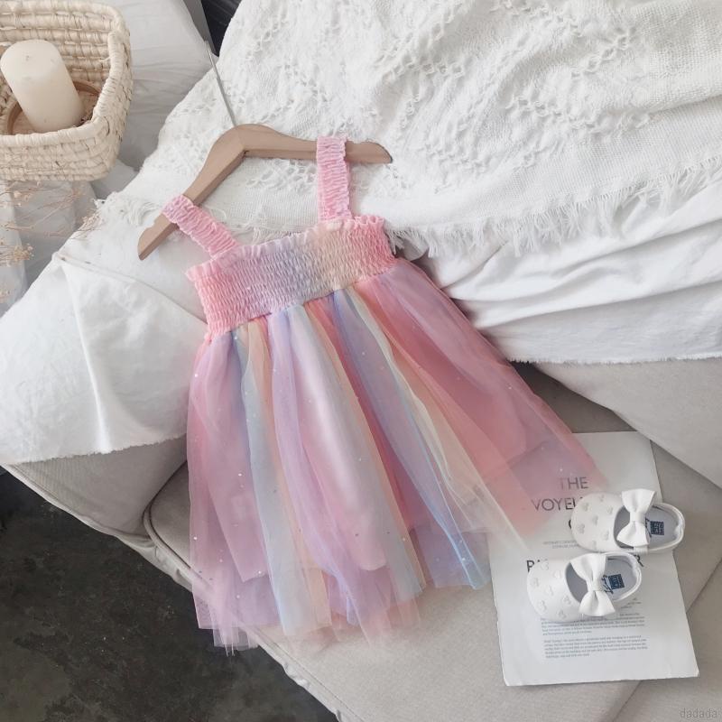 Đầm công chúa ren hai dây cầu vồng xinh xắn cho bé gái