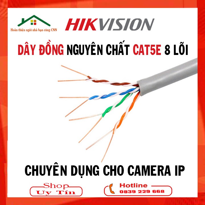 Dây Cáp Mạng Hikvision 8 Lõi Đồng, Nhựa Chống Cháy Chuyên Dụng Cho Camera POE-Chính hãng- Bán lẻ theo Mét bấm sẵn 2 đầu