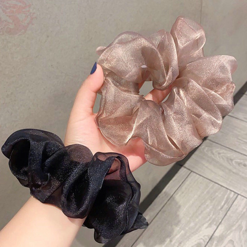 Dây Buộc Tóc Lưới Trong Suốt Cỡ Lớn Màu Trơn Đính Hạt Ngọc Trai Thời Trang Xuân Hè