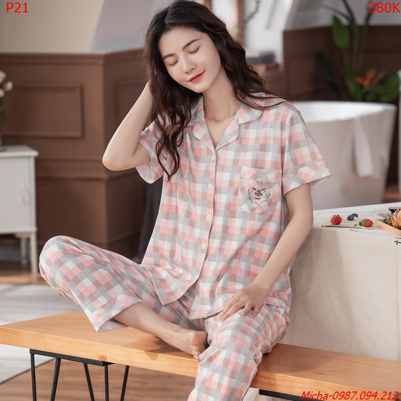 Bộ pyjama cotton kẻ caro hồng trang nhã - Micha P21