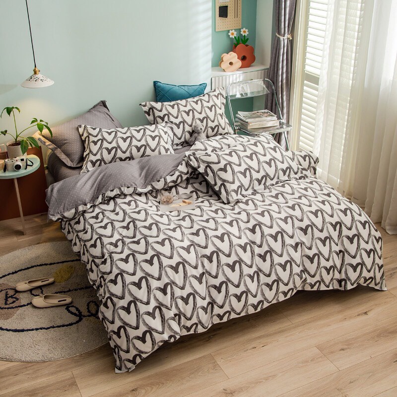 Bộ vỏ chăn ga gối 4 món Cotton Poly tim sơn mài trắng đen