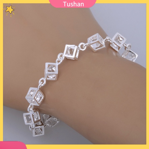 Vòng tay mạ bạc đính đá hình khối lập phương thời trang cho nữ