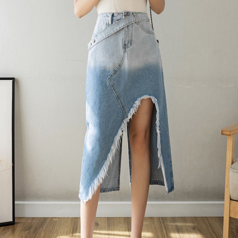 Chân Váy Denim Dáng Chữ A Xẻ Tà Màu Sắc Tương Phản Thời Trang