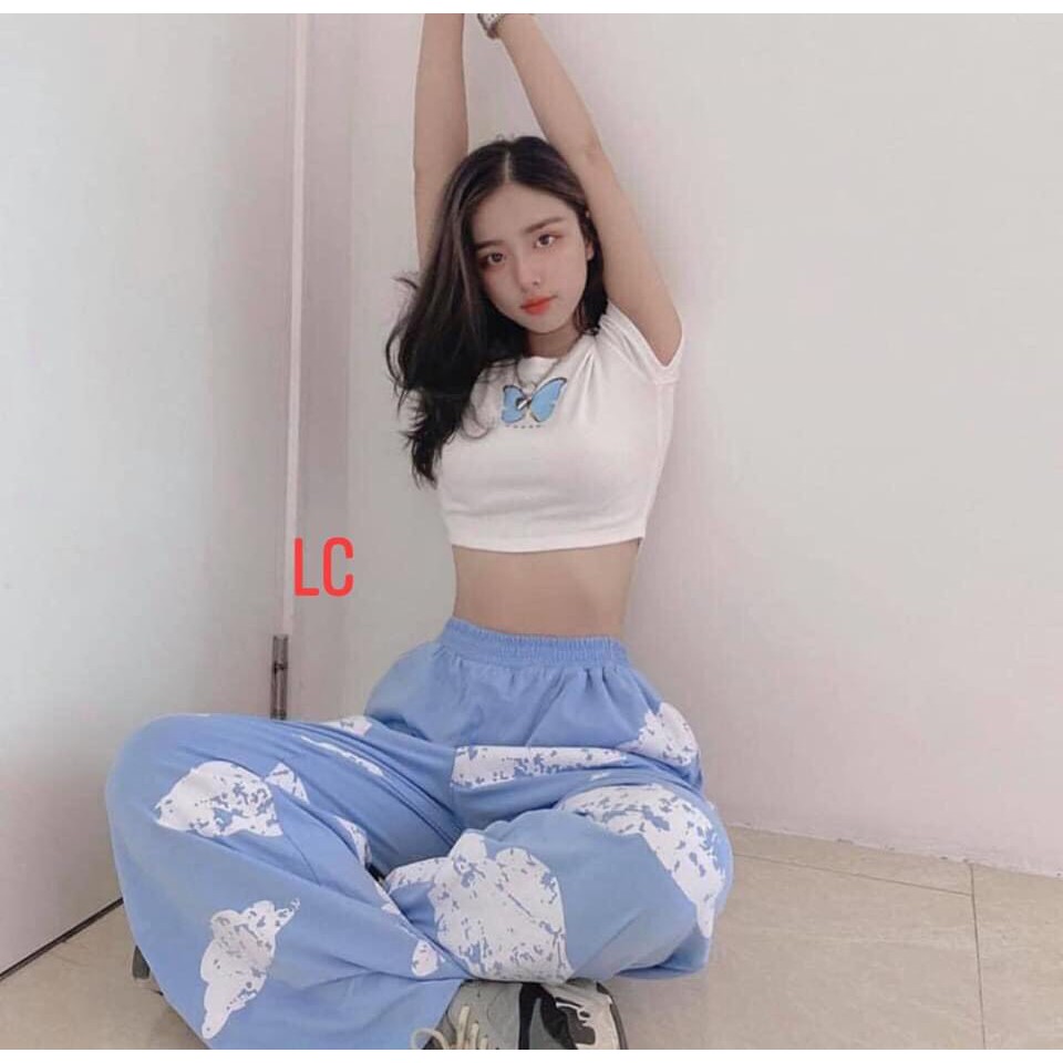 Set Áo Thun Croptop Body Bướm + Quần Cullotes Ống Rộng Vân Mây Xanh Siêu | BigBuy360 - bigbuy360.vn