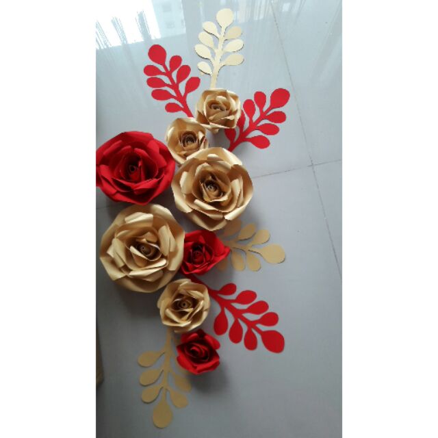 set hoa giấy tông gold đỏ
