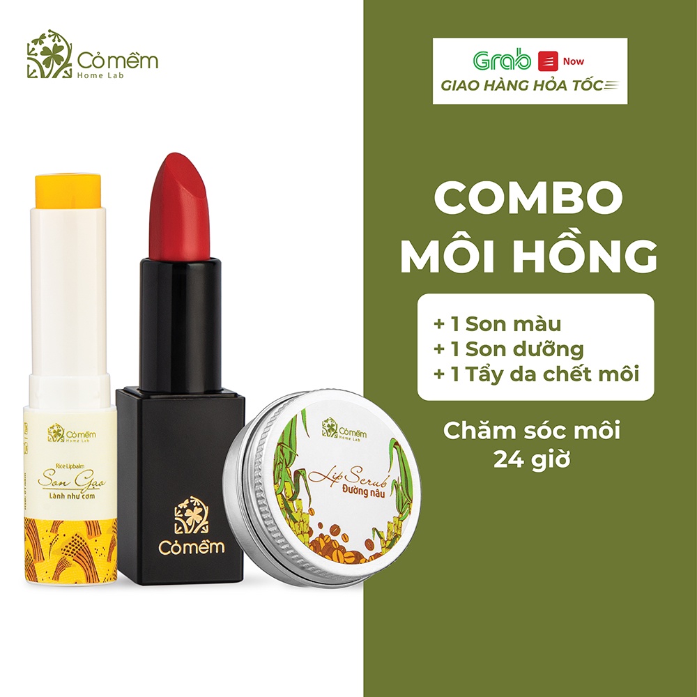 Combo Môi Hồng Cỏ Mềm Gồm Son Lụa Không Chì, Son Gạo Dưỡng Môi Và Tẩy Da Chết Môi Cỏ Mềm 20g