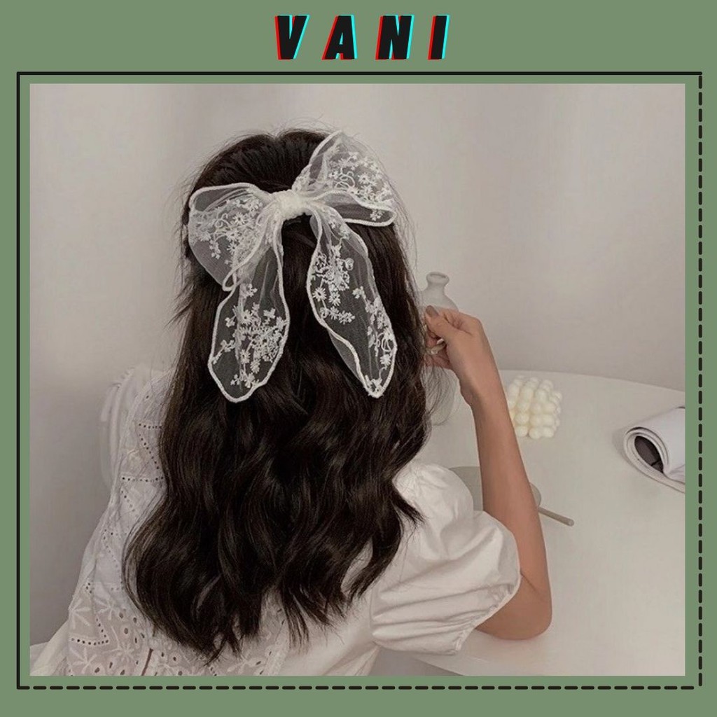 Cột Tóc Vòng Thun Đính Nơ Lớn Vải Lưới Thêu Ren Mỏng Nữ Tính Tiểu Thư - Vani Store [PKT00156]