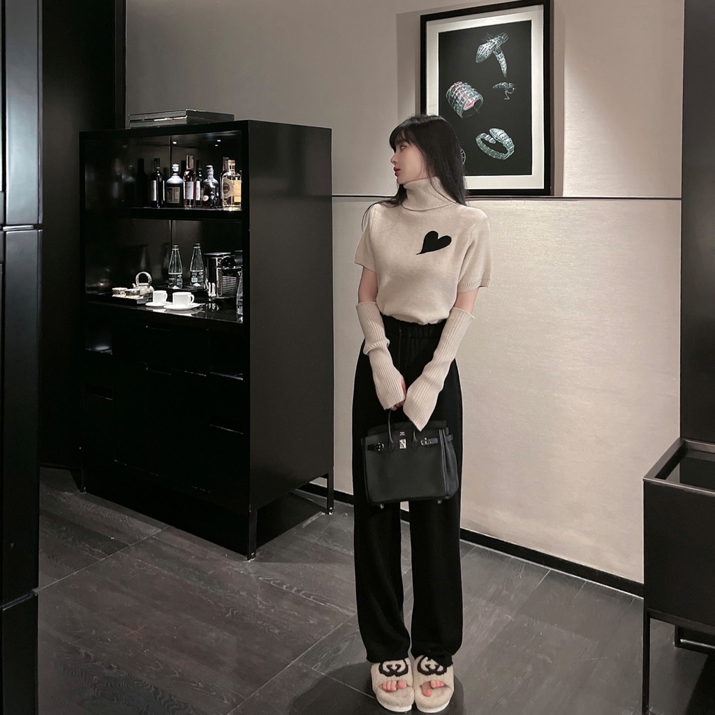 Áo sweater ZHELIHANGFEI cổ cao tay dài tách rời chất liệu dày thêu họa tiết trái tim thời trang thu đông màu trắng/ kaki