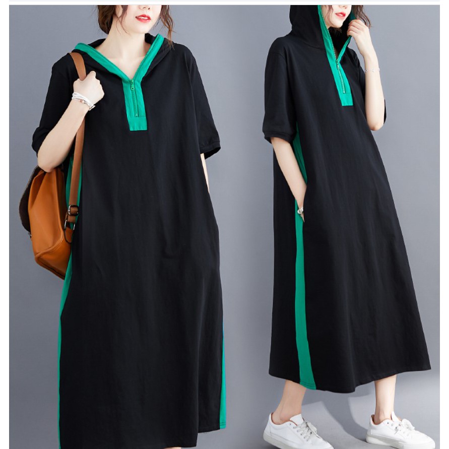A208 Đầm big size freesize dáng rộng suông liền mũ cá tính năng động dáng thể thao