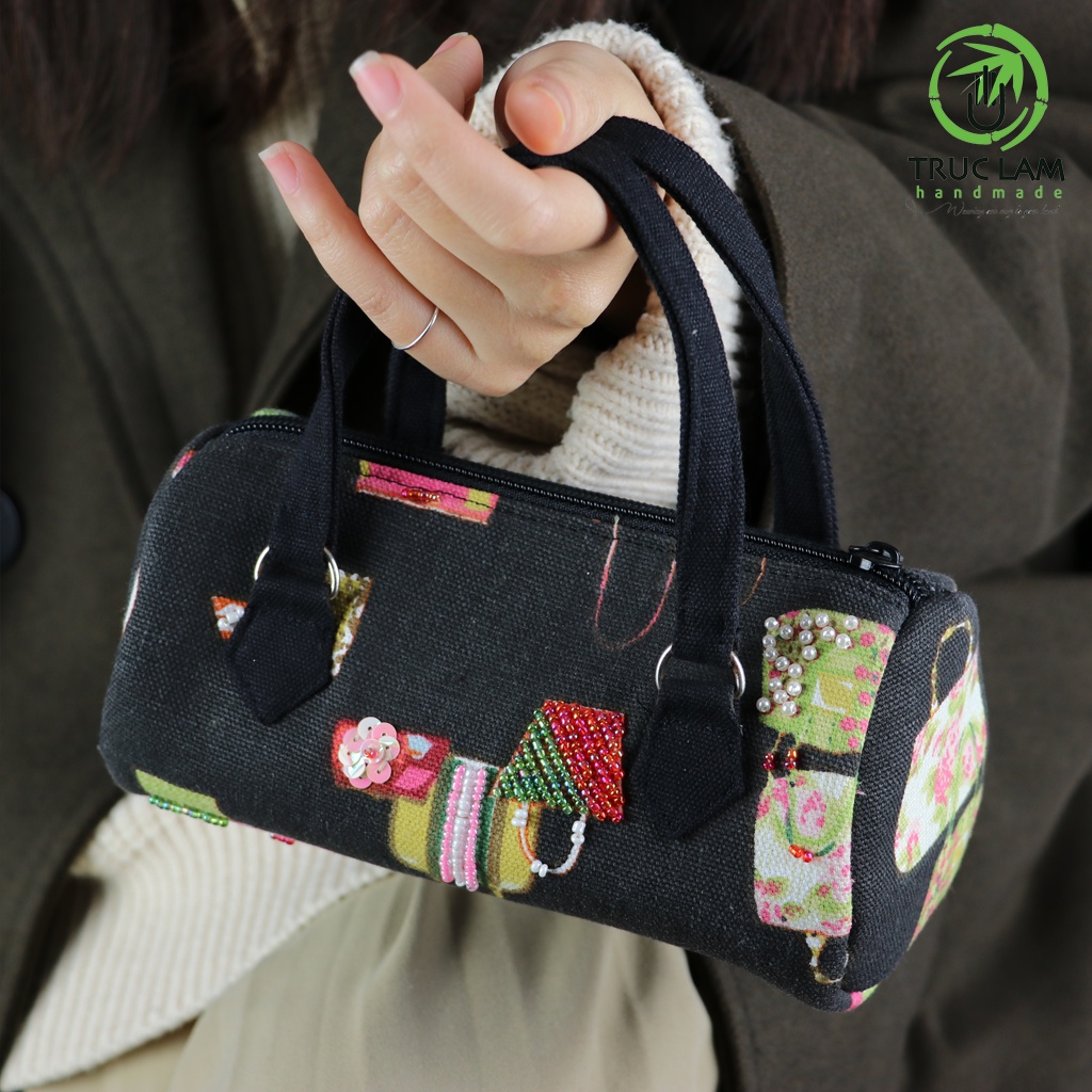 Túi Trống Xách Tay Đựng Mĩ Phẩm Đính Cườm Thủ Công - Trúc Lâm Handmade
