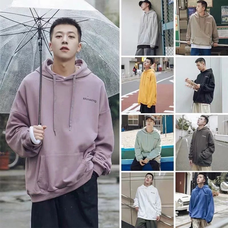 Áo hoodie tay dài có mũ trùm bằng vải nhung dáng rộng in chữ dành cho nam