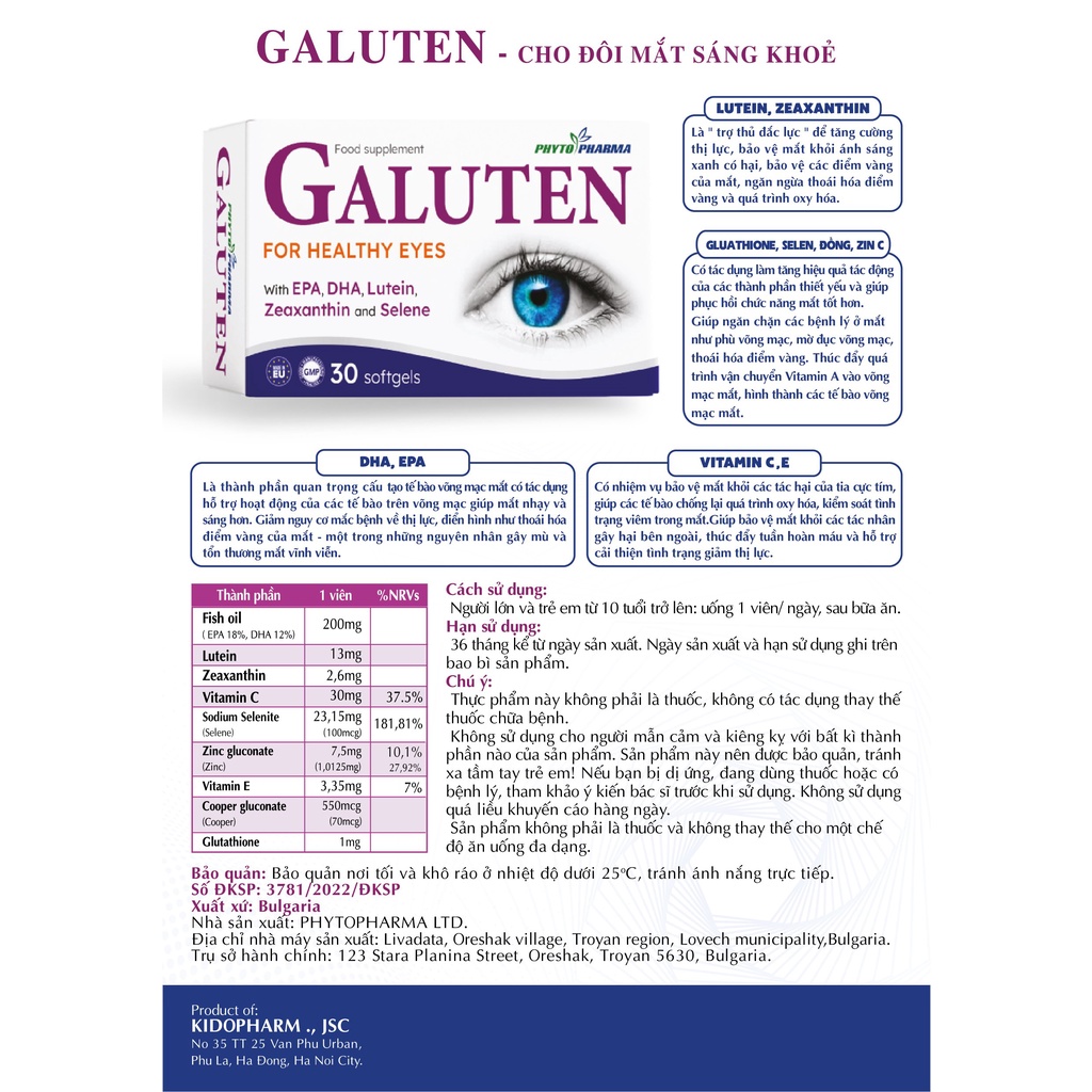 Viên uống bổ mắt Galuten I Nhập khẩu Châu Âu I Cho đôi mắt sáng khỏe, tinh anh I Hộp 30 viên.thuochieuqua