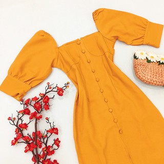 Đầm body vàng cam nút bọc (kèm hình thật)