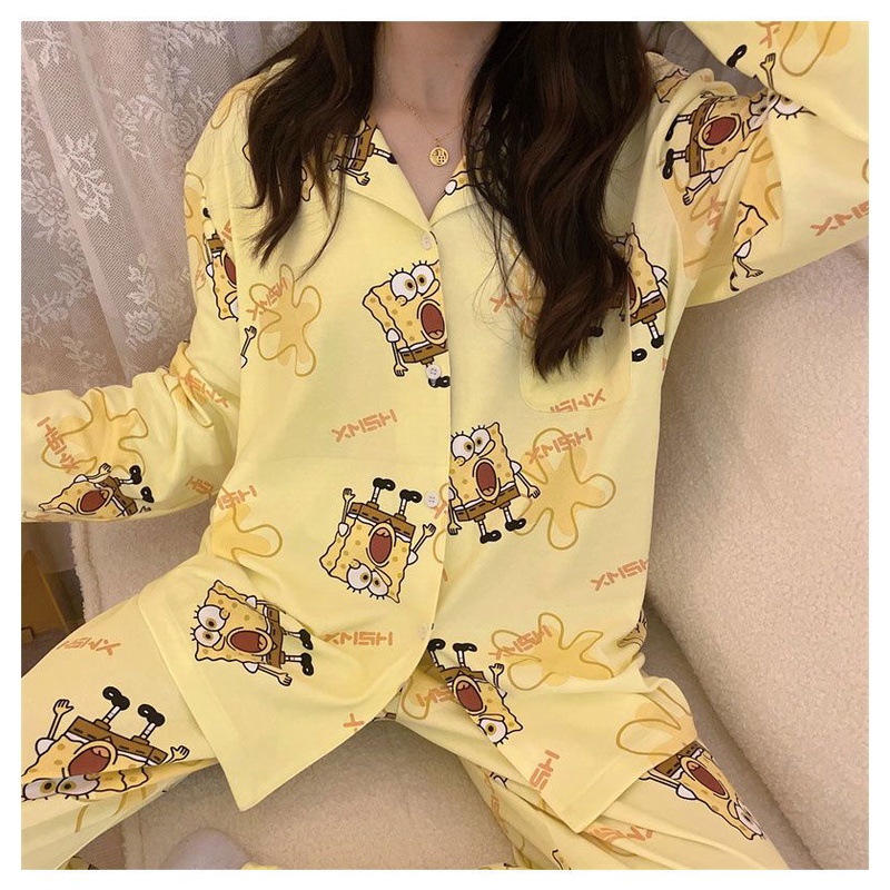 Bộ Đồ Ngủ Tay Dài In Hoạt Hình spongebob Phong Cách Hàn Quốc Cho Nữ