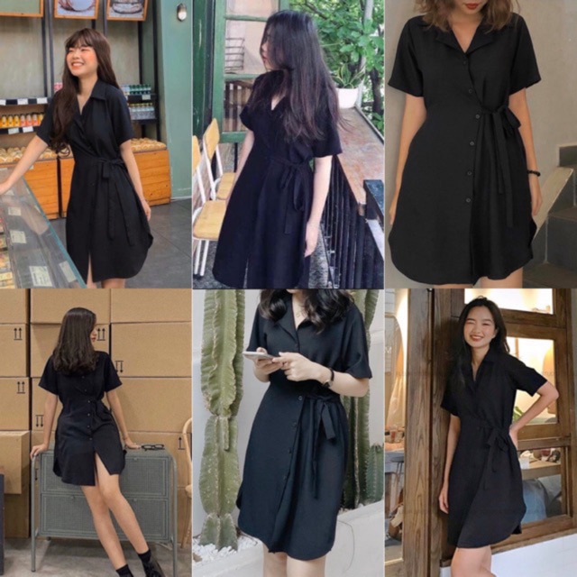 Đầm Đen form suông rộng có dây thắt cột điều chỉnh eo thon gọn thiết kế cổ chữ V