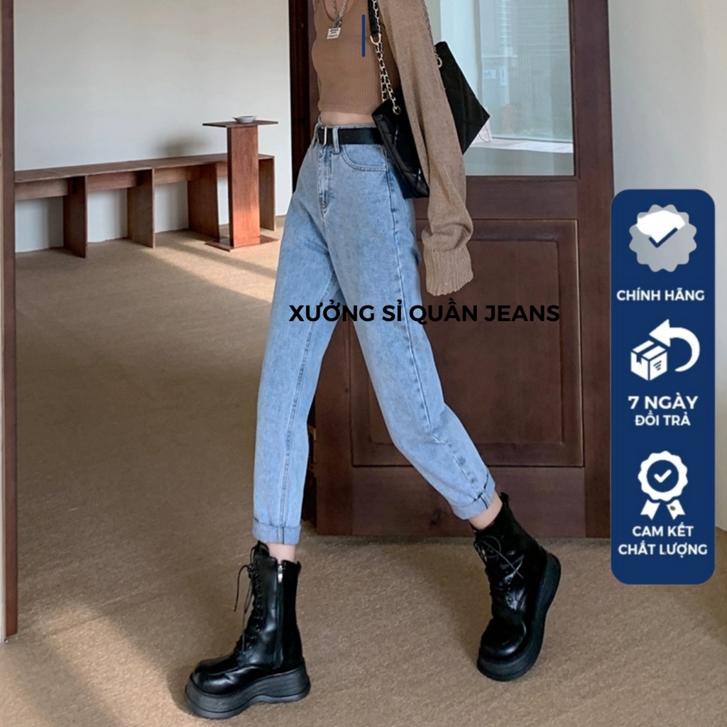 Quần bò baggy xanh đen trơn cạp cao chất siêu đẹp