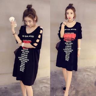 Đầm dạo phố dáng rộng ngăn tay kiểu phối chữ