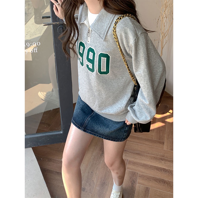 Áo sweater DIDIKA tay dài cổ bẻ in họa tiết phong cách Hàn Quốc thời trang dành cho nữ