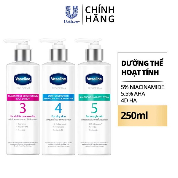 Dưỡng Thể Vaseline Pro Derma 250ml Giúp Cấp Ẩm Đều Màu Sáng Da Căng Mịn Từ Hoạt Chất  5% Niacinamide , 4D HA, 5% AHA Vas