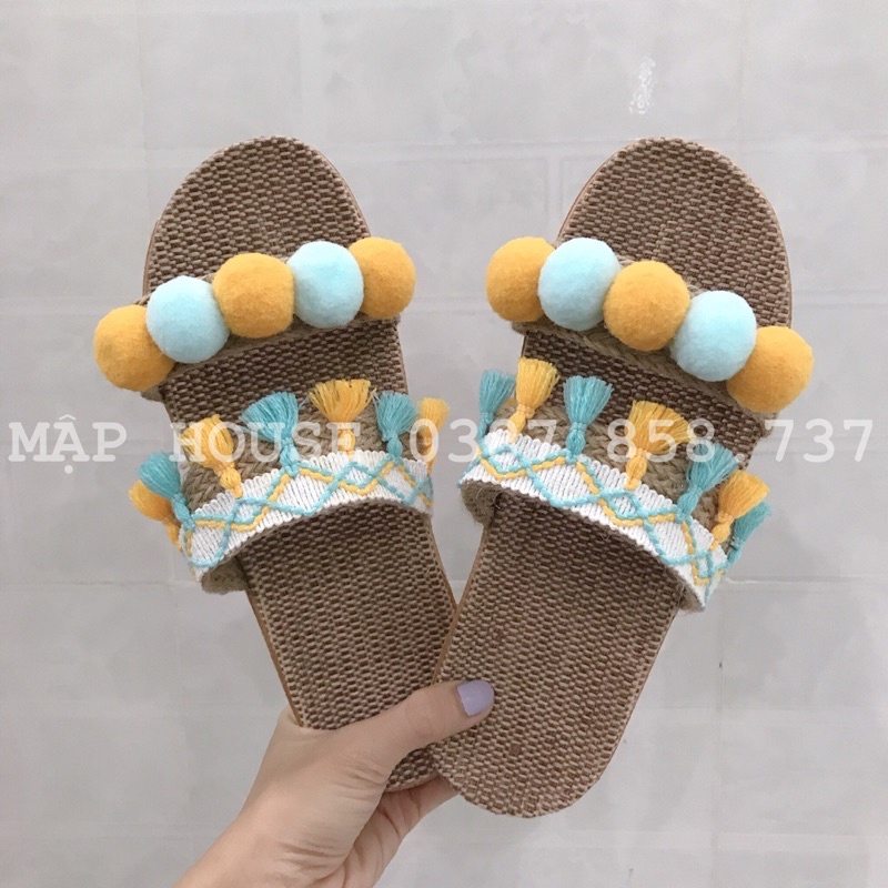 (Hình thật) Dép cói 2 quai ngang đi biển đính cục bông thổ cẩm phong cách vintage