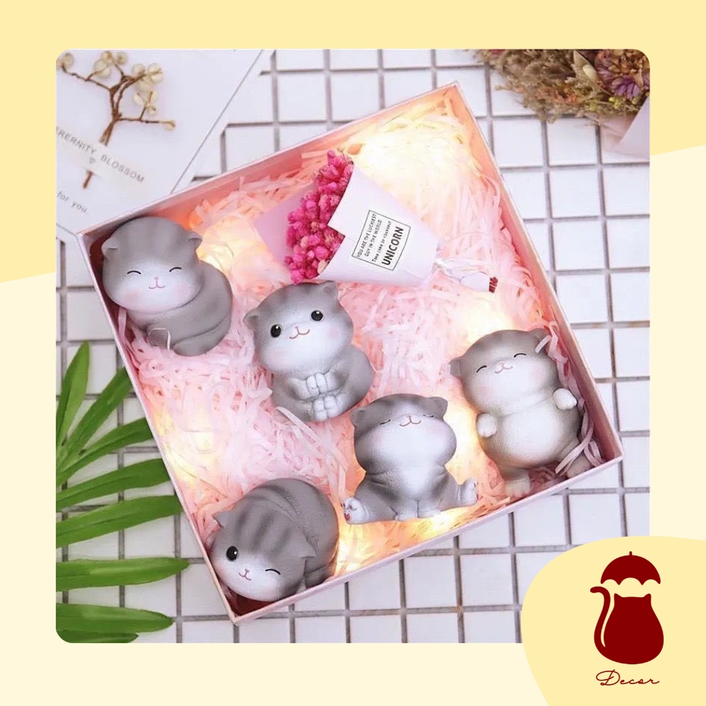 Full set quà tặng mô hình 5 mèo con Ô DECOR, mô hình mèo mini để bàn màu xám full biểu cảm đáng yêu dễ thương cute